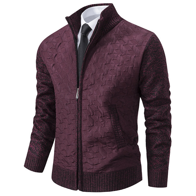 Harrison quilted cardigan in wine red with dark knit sleeves, front view