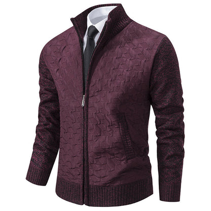 Harrison quilted cardigan in wine red with dark knit sleeves, front view