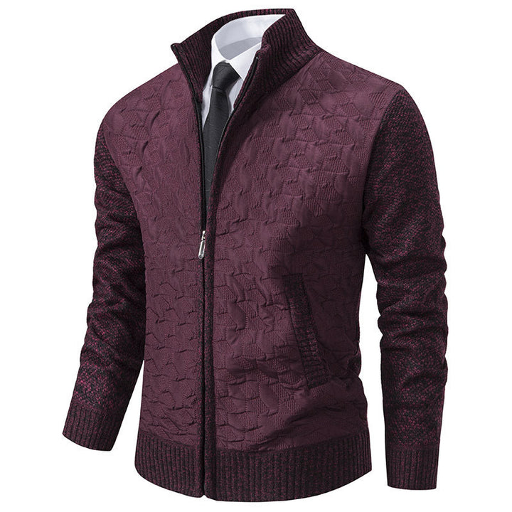 Harrison quilted cardigan in wine red with dark knit sleeves, front view