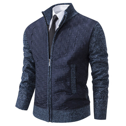 Harrison quilted cardigan in navy with knit sleeves, front view