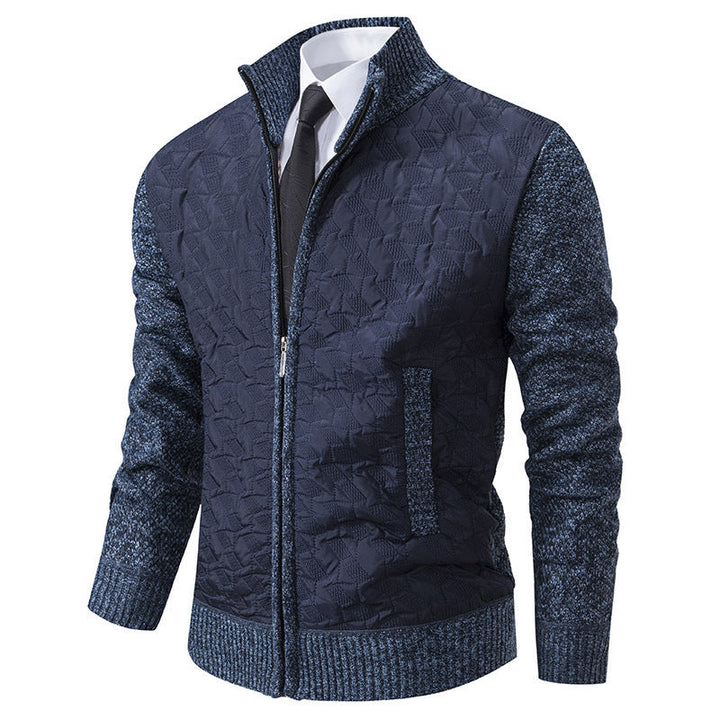 Harrison quilted cardigan in navy with knit sleeves, front view