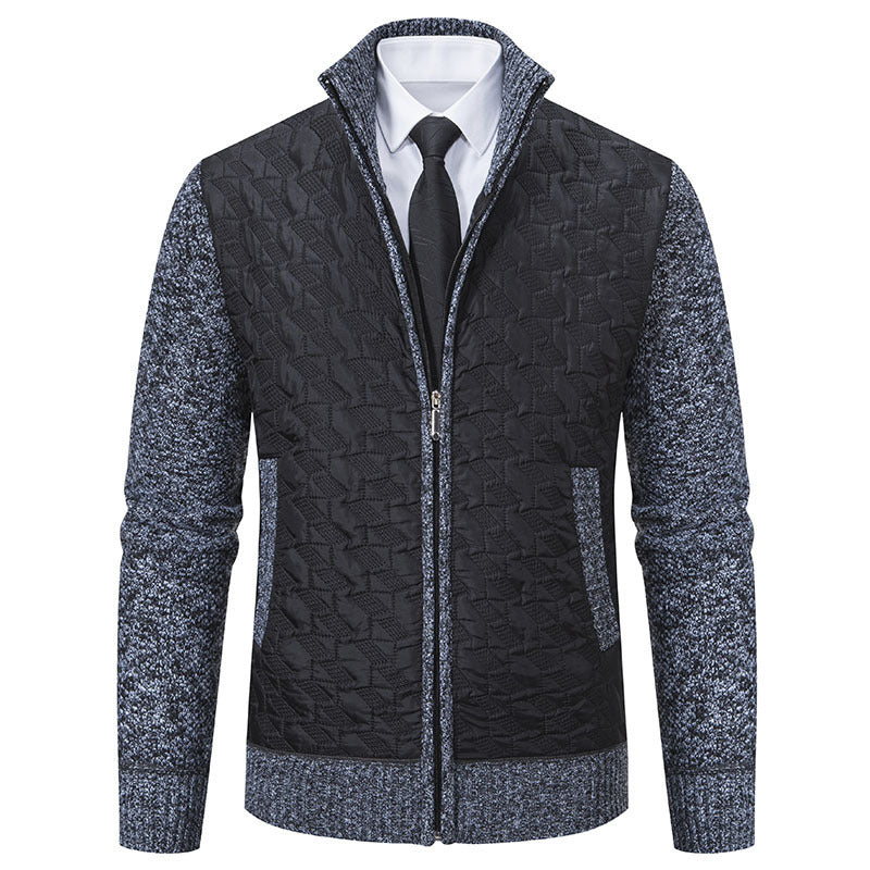 Harrison quilted cardigan in black with grey knit sleeves, alternate front view