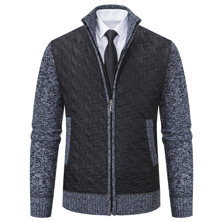 Harrison quilted cardigan in black with grey knit sleeves, alternate front view