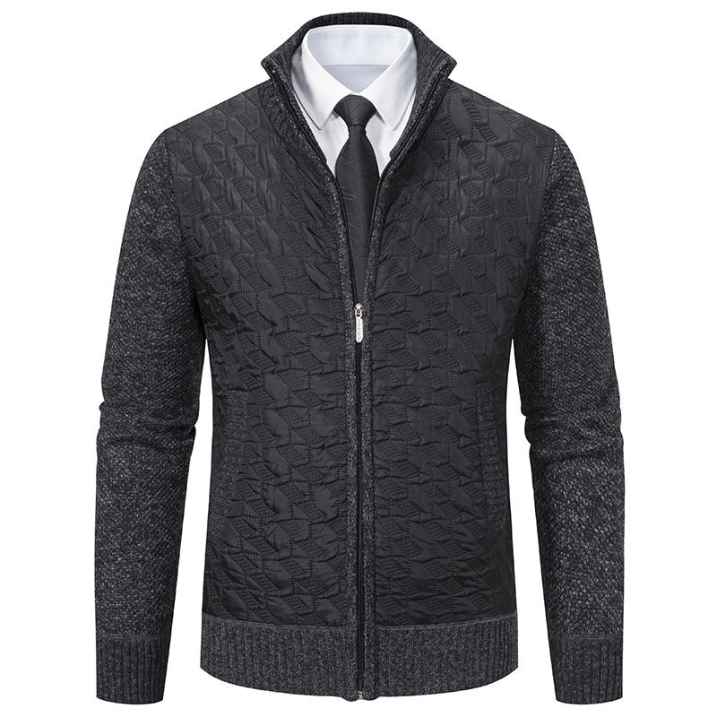 Harrison quilted cardigan in dark grey with knit sleeves, front view