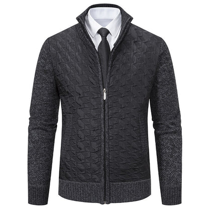 Harrison quilted cardigan in dark grey with knit sleeves, front view