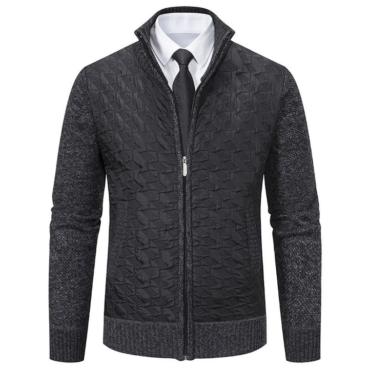 Harrison quilted cardigan in dark grey with knit sleeves, front view