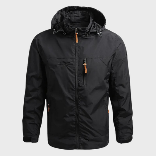 Harvey hooded waterproof jacket in black, front view
