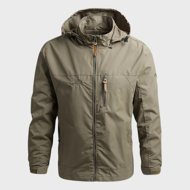 Harvey hooded waterproof jacket in khaki, front view