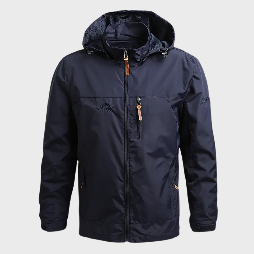 Harvey hooded waterproof jacket in navy, front view