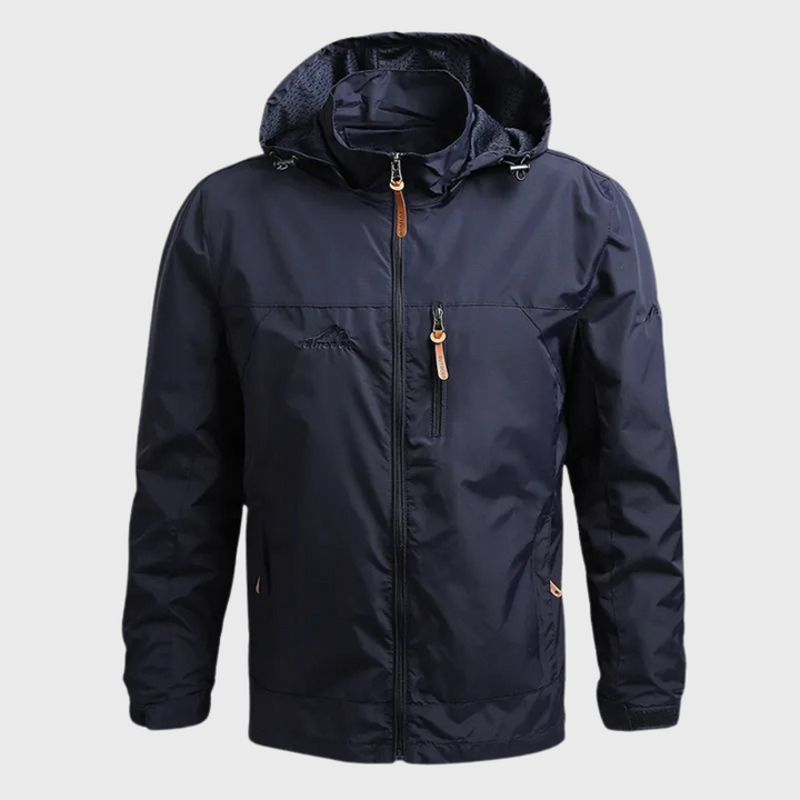 Harvey hooded waterproof jacket in navy, front view