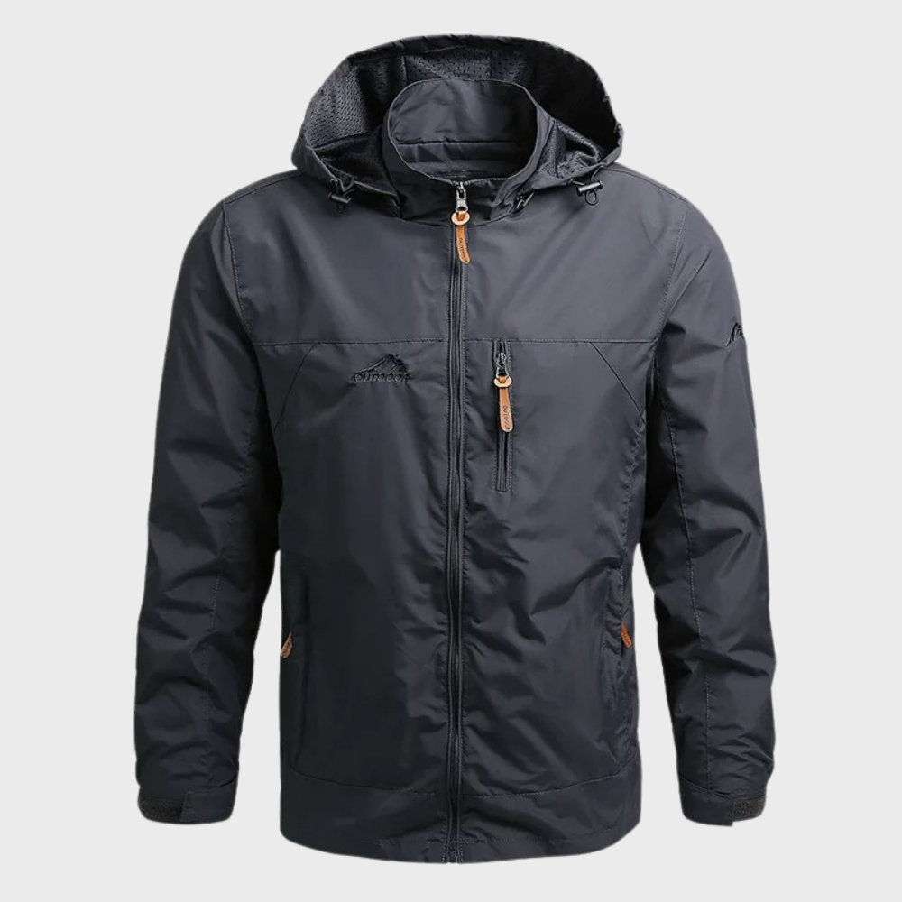 Harvey hooded waterproof jacket in dark grey, front view