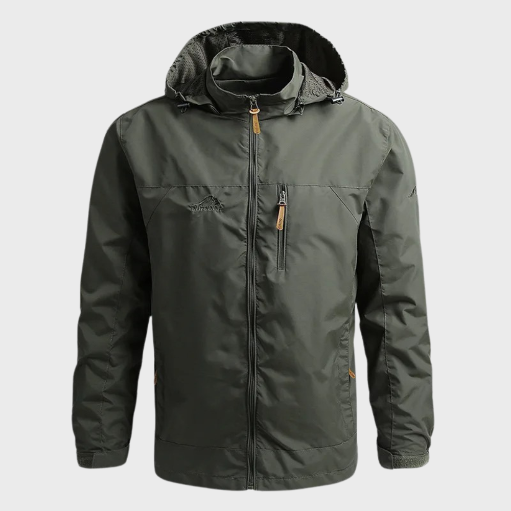 Harvey hooded waterproof jacket in olive green, front view