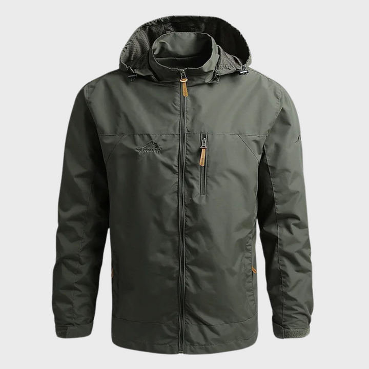 Harvey hooded waterproof jacket in olive green, front view