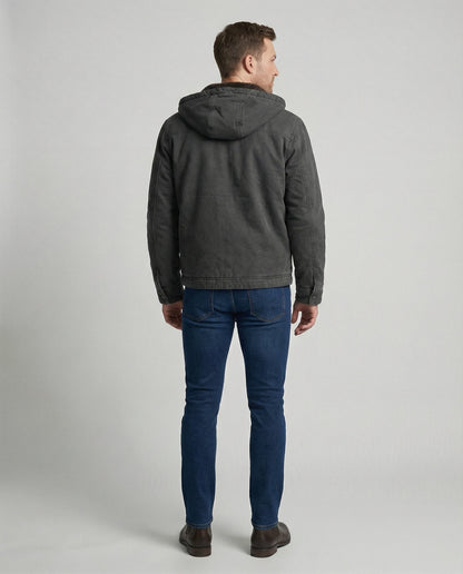 Back view of man wearing Harvey hooded jacket