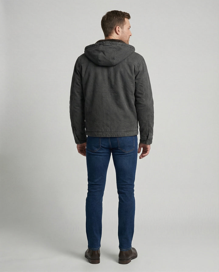 Back view of man wearing Harvey hooded jacket