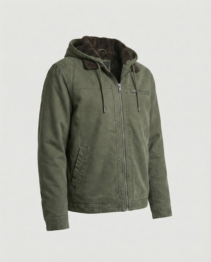Product flat lay of Harvey jacket in army green, side angle