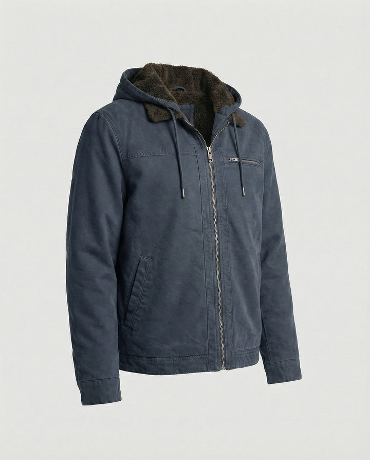 Product flat lay of Harvey jacket in navy blue, side angle
