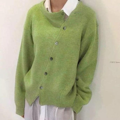 Hazel asymmetric button cardigan in green, front view
