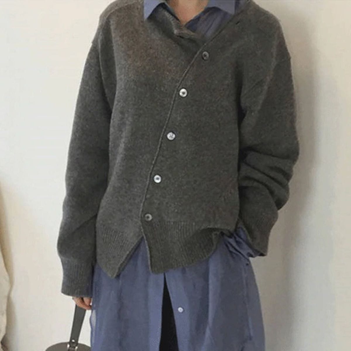 Hazel asymmetric button cardigan, close-up front detail
