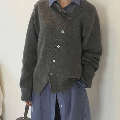 Hazel asymmetric button cardigan, close-up front detail