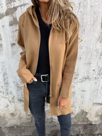 Isla hooded cardigan camel front zip pocket detail