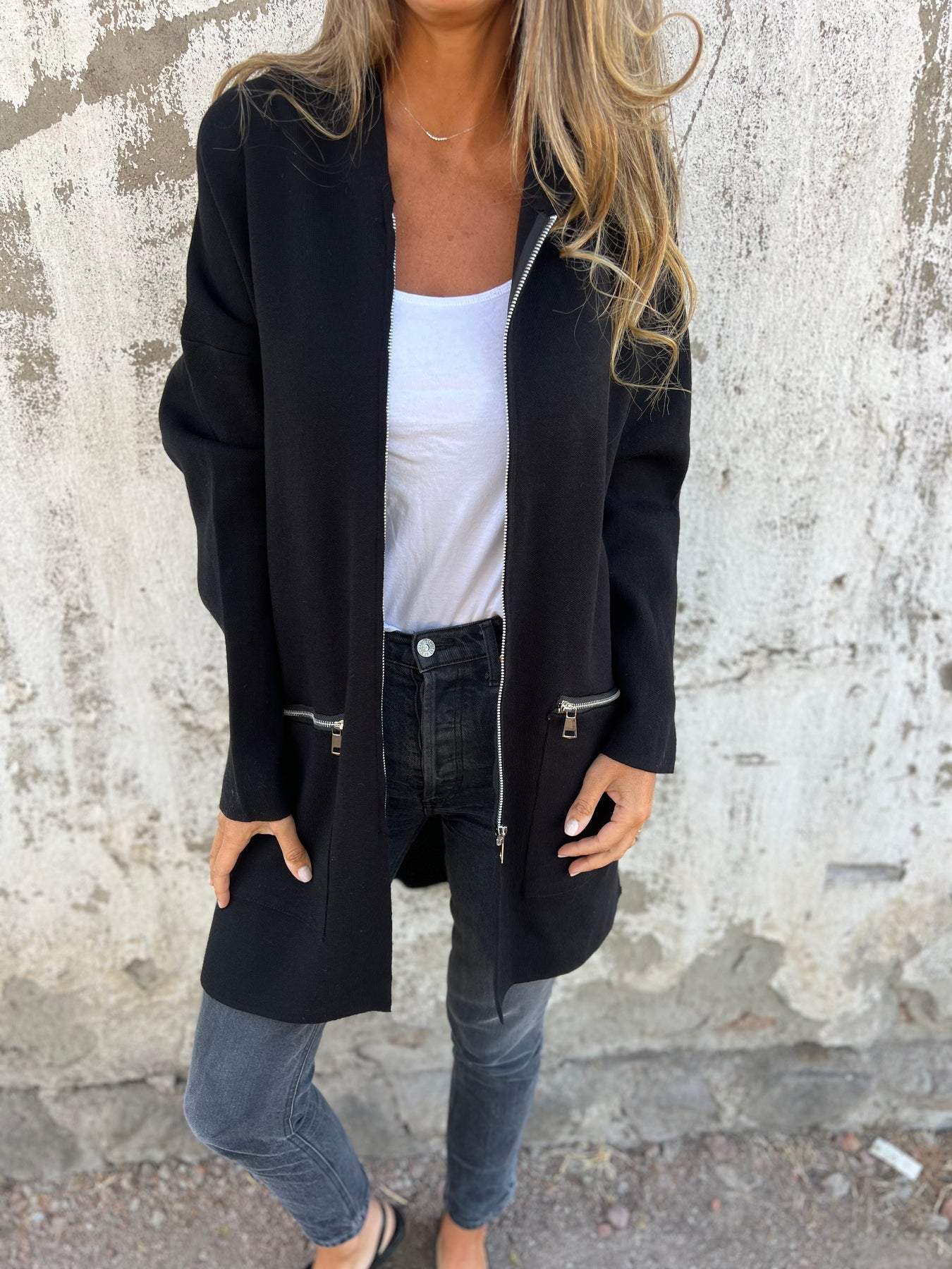 Isla hooded cardigan black open front with zip pockets