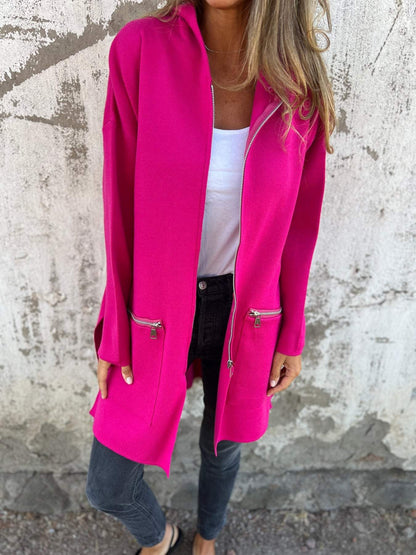 Isla hooded cardigan pink full front view with zip pockets