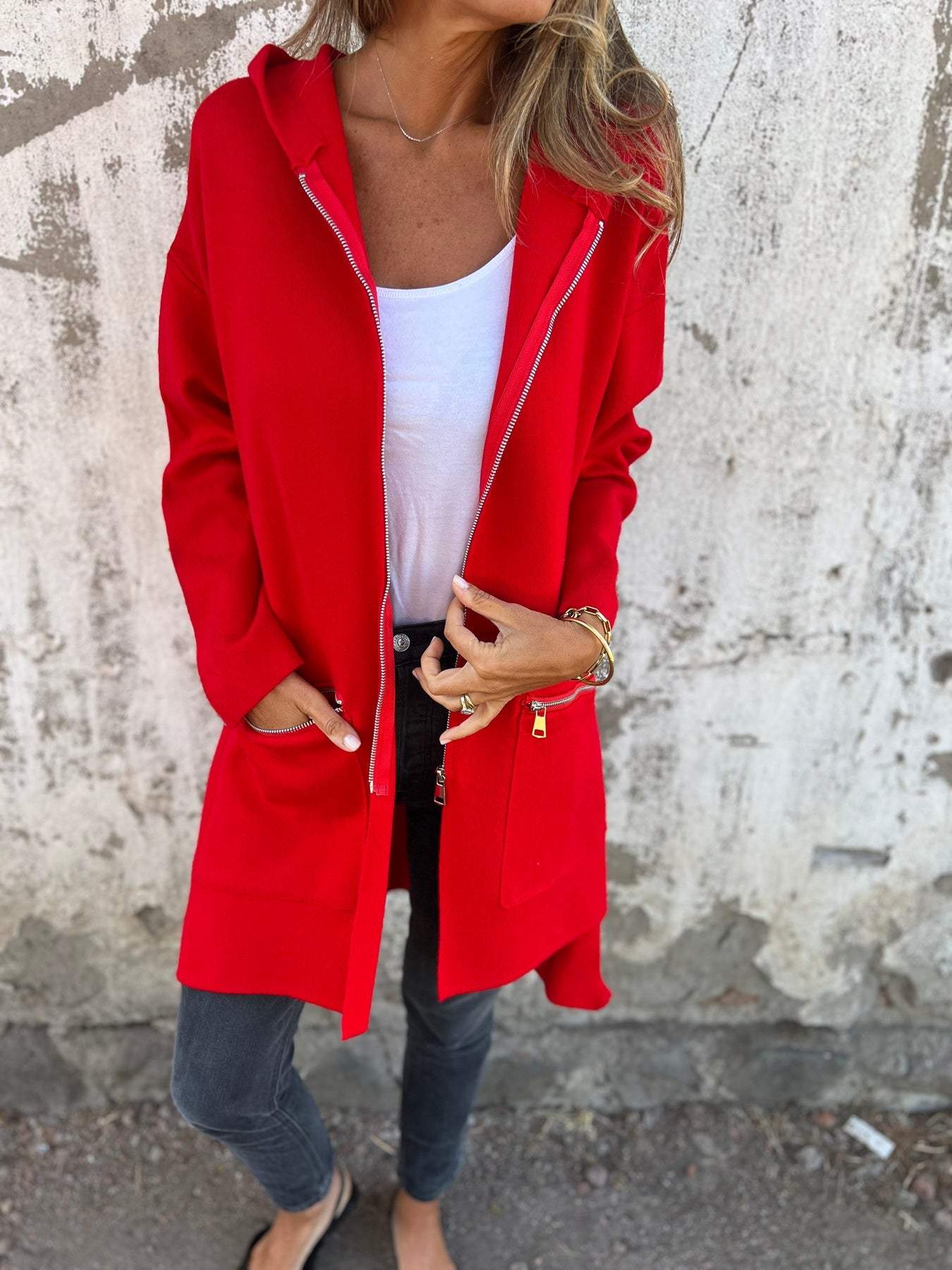 Isla hooded cardigan red front view with zip pockets