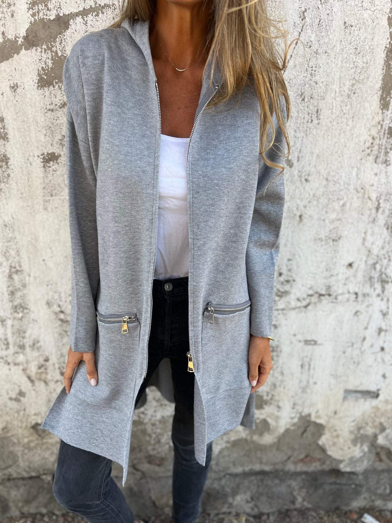 Isla hooded cardigan grey full front view with zip pockets