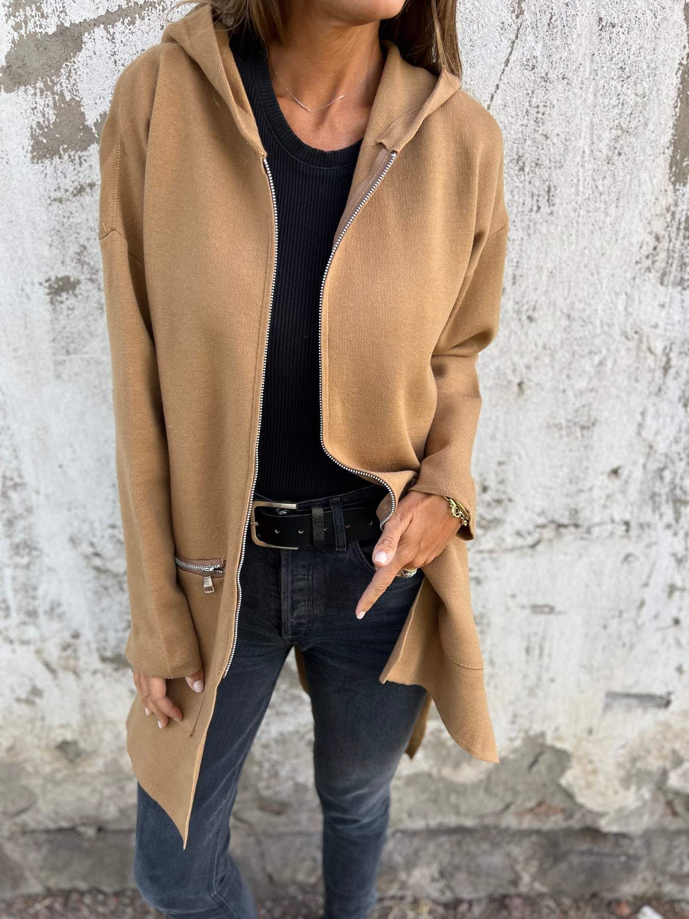 Isla hooded cardigan camel full front view styled with belt