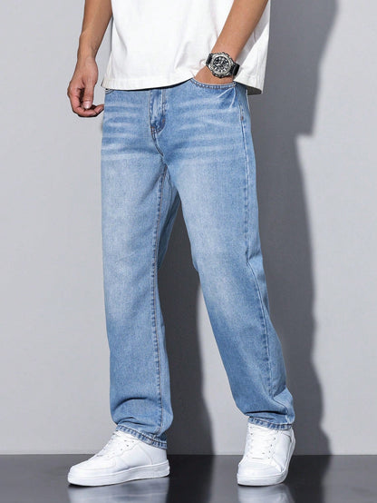 Jack casual straight-leg jeans in mid blue wash, side profile