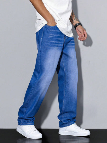 Jack casual straight-leg jeans in mid blue wash, close-up front detail