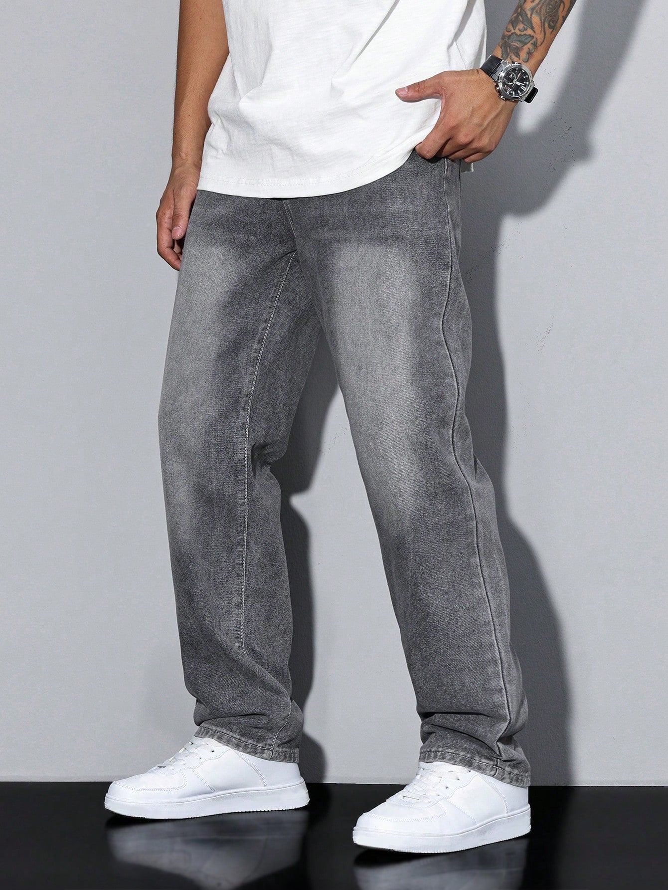 Jack casual straight-leg jeans in grey wash, side view close-up