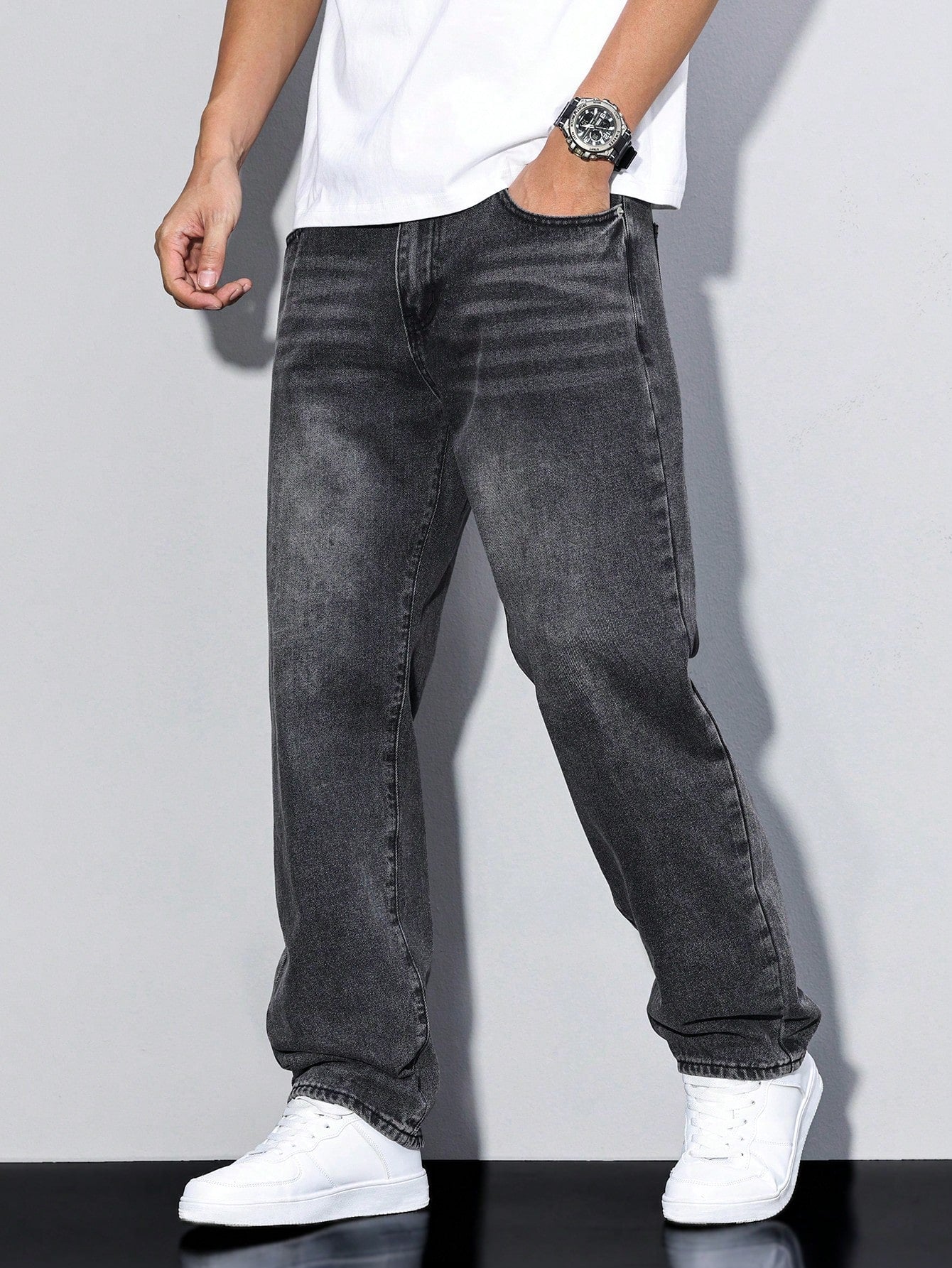 Jack casual straight-leg jeans in dark grey wash, side profile