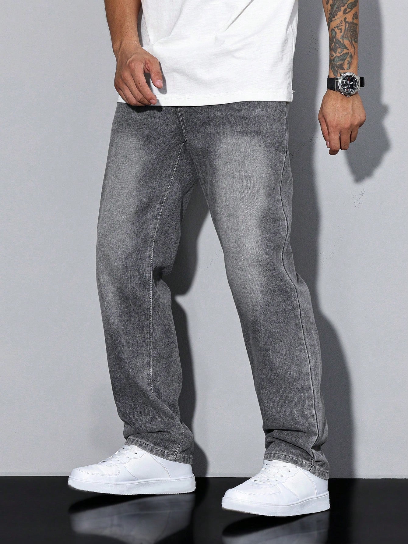 Jack casual straight-leg jeans in grey wash, side profile walking