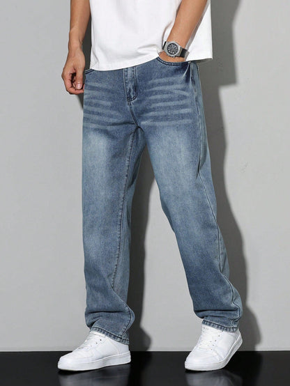 Jack casual straight-leg jeans in mid blue wash, side view walking