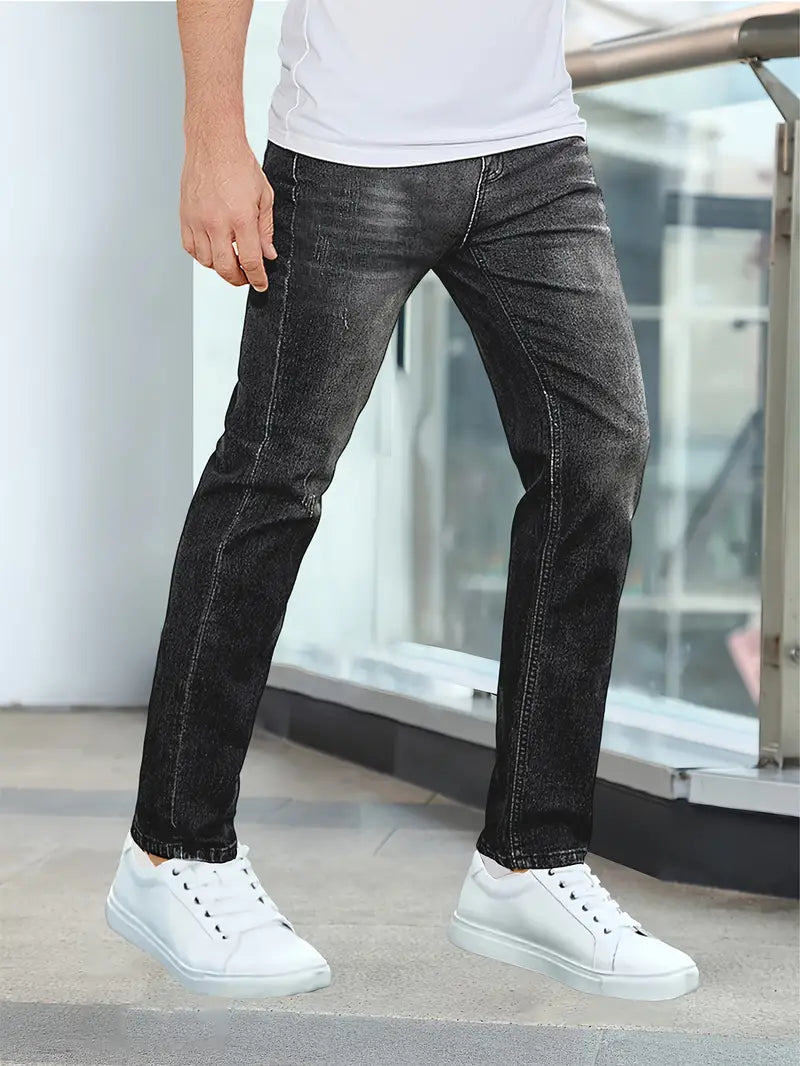 Jasper jeans in dark wash, side angle walking view