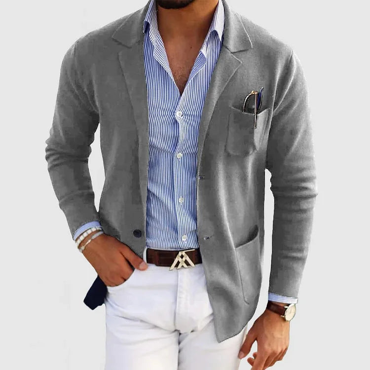 Jasper grey notch lapel knit cardigan, front view with sunglasses in pocket