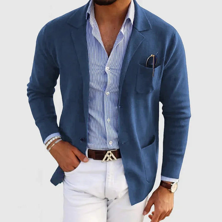 Jasper blue notch lapel knit cardigan, styled with striped shirt