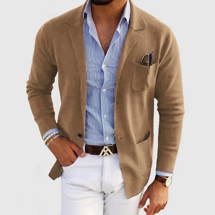 Jasper beige notch lapel knit cardigan, front view with white trousers
