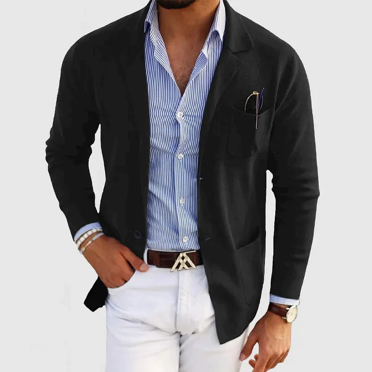 Jasper black notch lapel knit cardigan, front view close-up