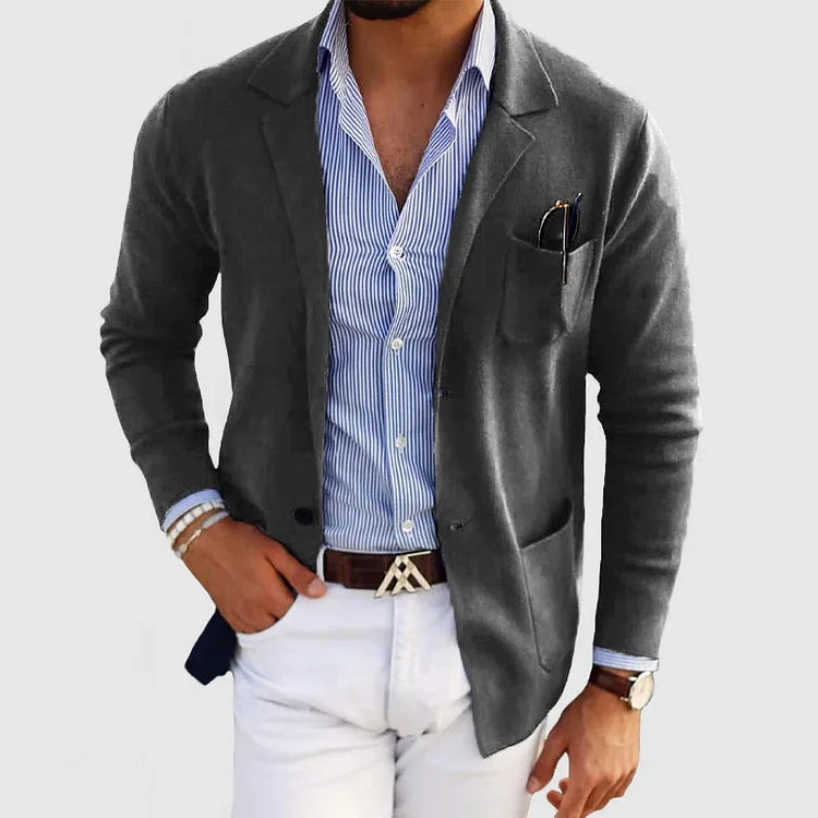 Jasper dark grey notch lapel knit cardigan, front view
