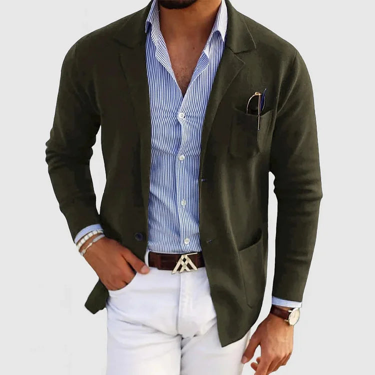 Jasper dark green notch lapel knit cardigan, front view