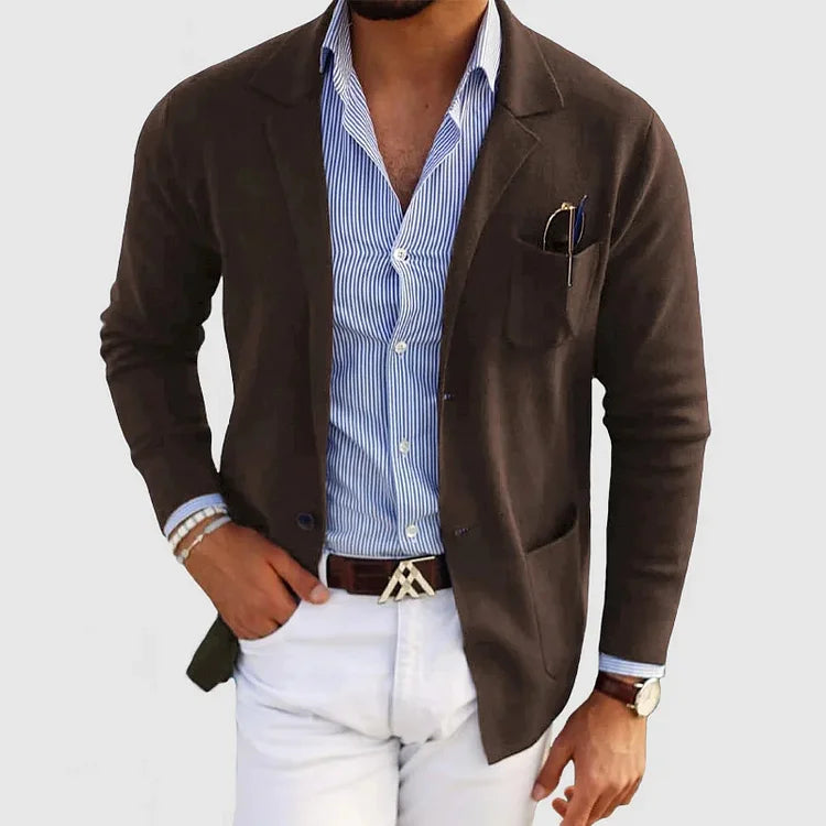 Jasper brown notch lapel knit cardigan, front view