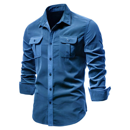 Jasper men's utility shirt in blue, angled front view