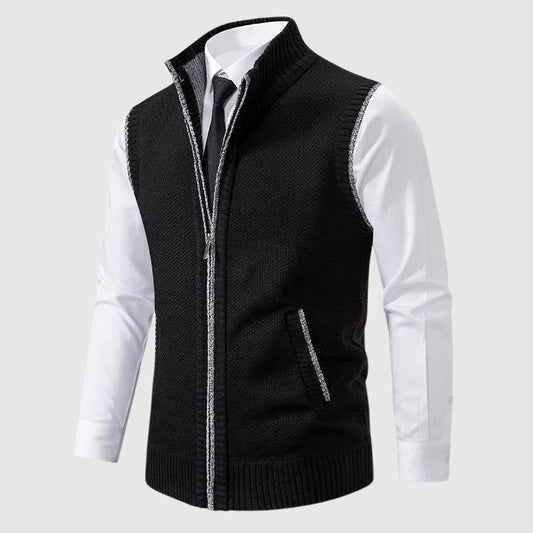 Jasper black zip-up sweater vest with stand collar, front view