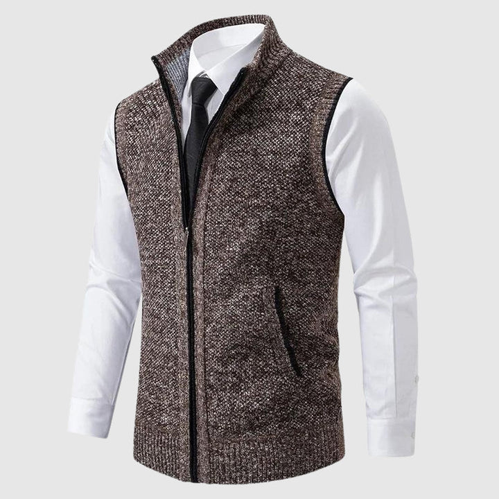 Jasper brown zip-up sweater vest with stand collar, front view