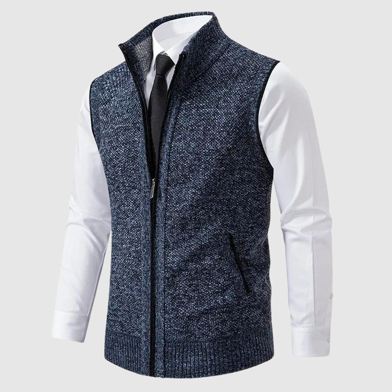 Jasper navy zip-up sweater vest with stand collar, front view