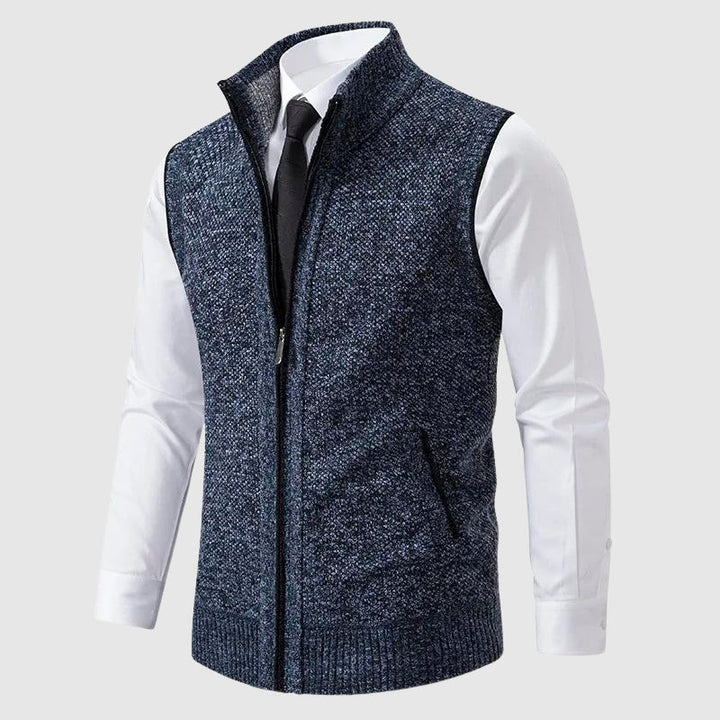 Jasper navy zip-up sweater vest with stand collar, front view