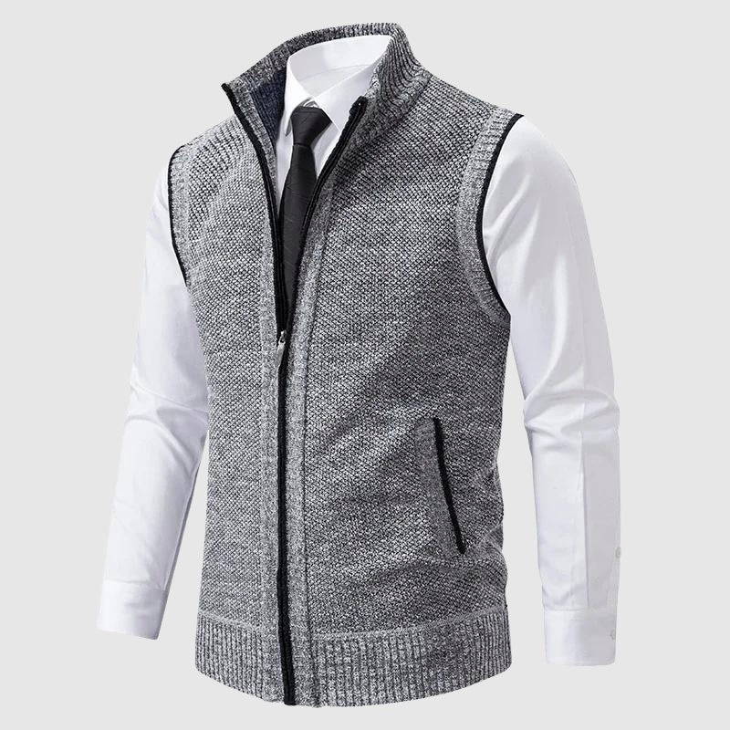 Jasper grey zip-up sweater vest with stand collar, front view